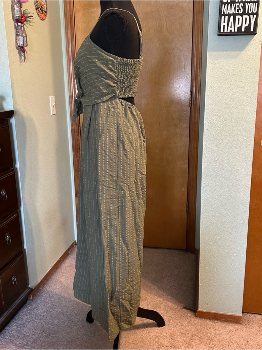 Flying Tomato green striped spaghetti strap wide leg crop jumpsuit size S boho - Picture 4 of 10